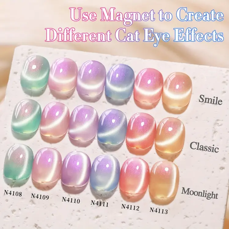 Three distinct magnetic patterns called Smile, Classic, and Moonlight demonstrated across six shimmer color swatches.