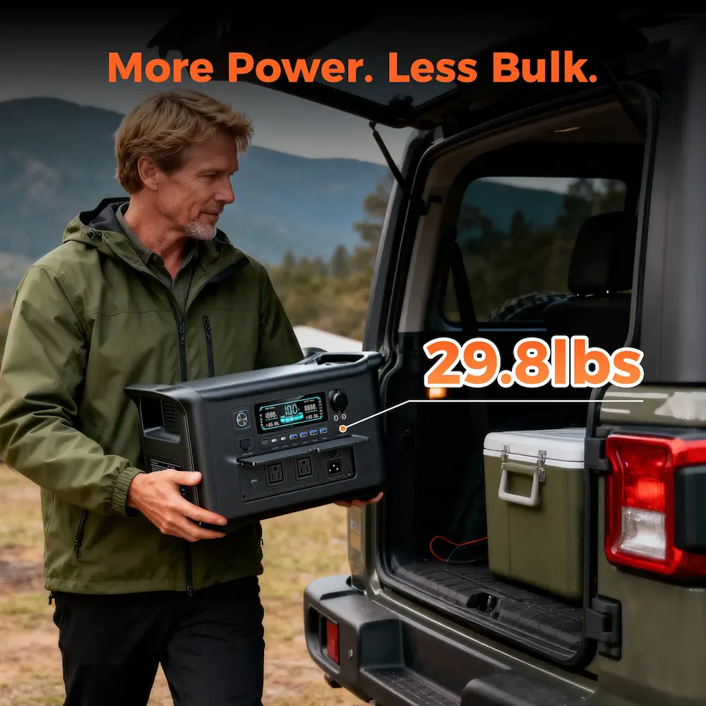 A man lifting a compact solar generator weighing 29.8 lbs from the back of a jeep.