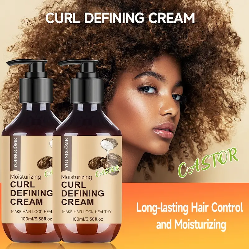 Two bottles of curl activator cream next to a model with a beautiful dark brown afro