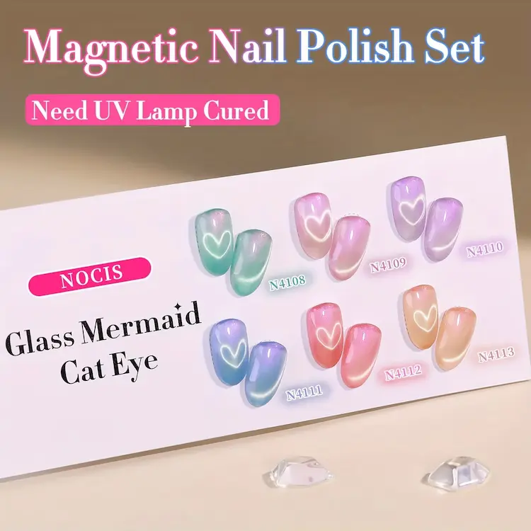 Insightful NOCIS Cat Eye Review showcase of six dual-tone gel shades styled with glowing heart-shaped magnetic light effects.