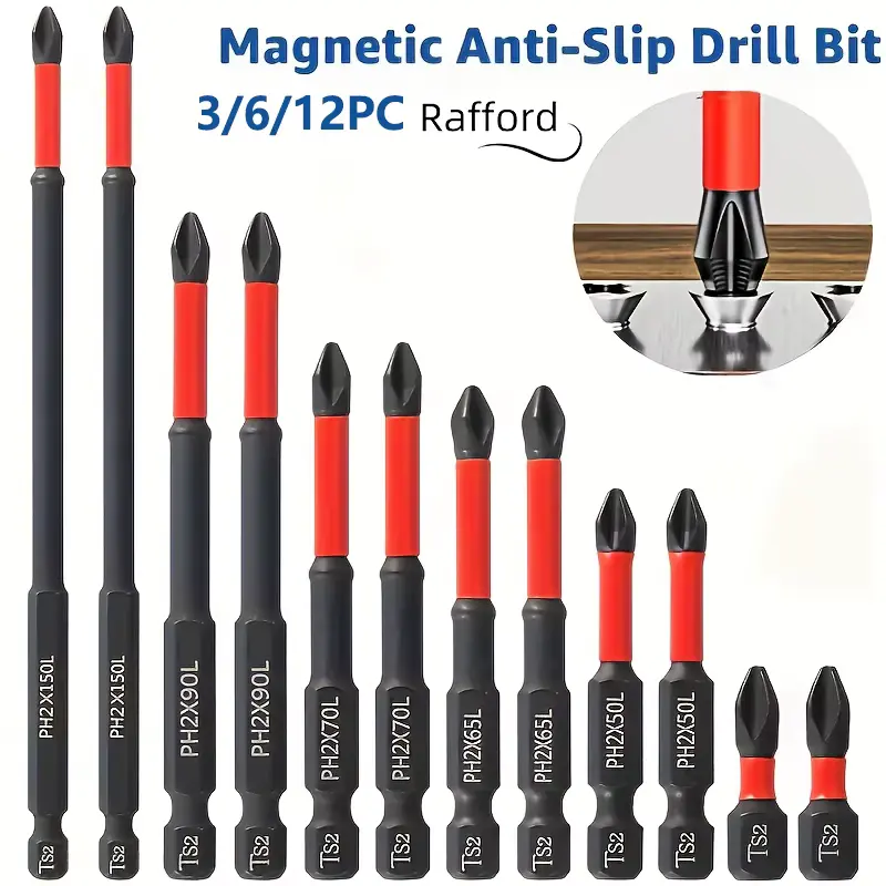 Non-slip cross-head magnetic drill bit set displayed in 12-piece variation from short to long sizes.