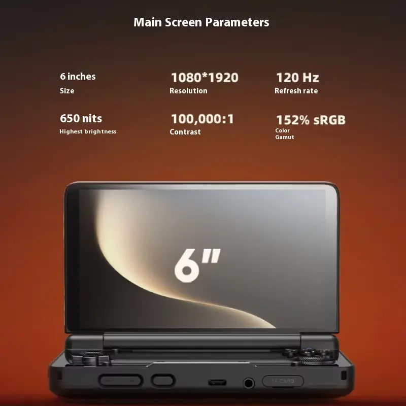 Front view of foldout gaming device showing six inch primary display panel details.