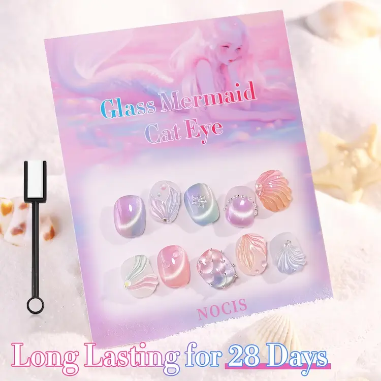 Creative ocean-themed press-on tips with 3D shell textures, pearls, and magnetic shimmer effects guaranteed for 28 days.