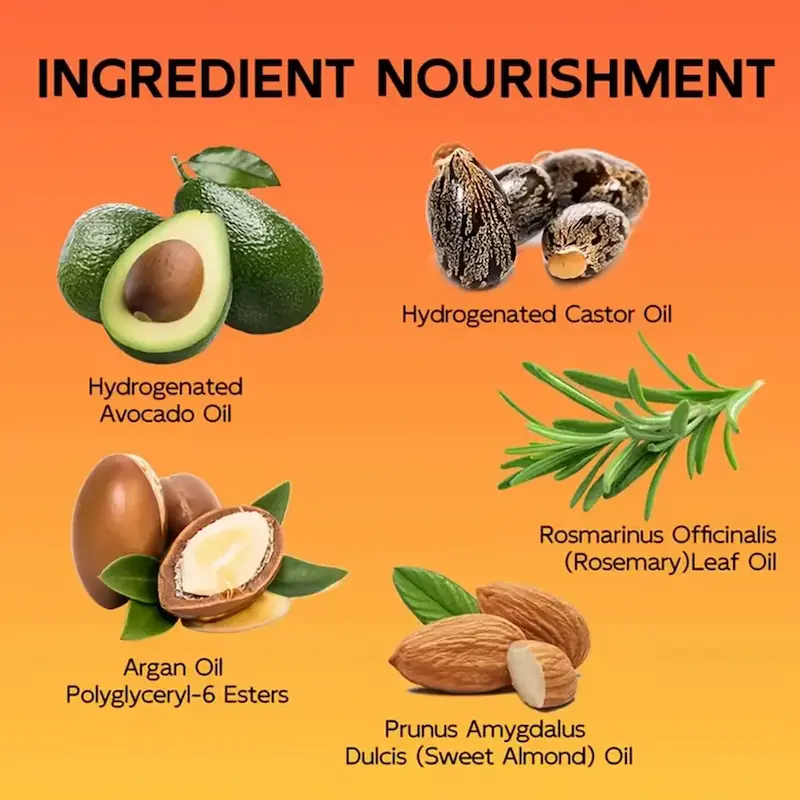 Natural ingredients including hydrogenated avocado oil castor oil argan oil and rosemary leaf oil