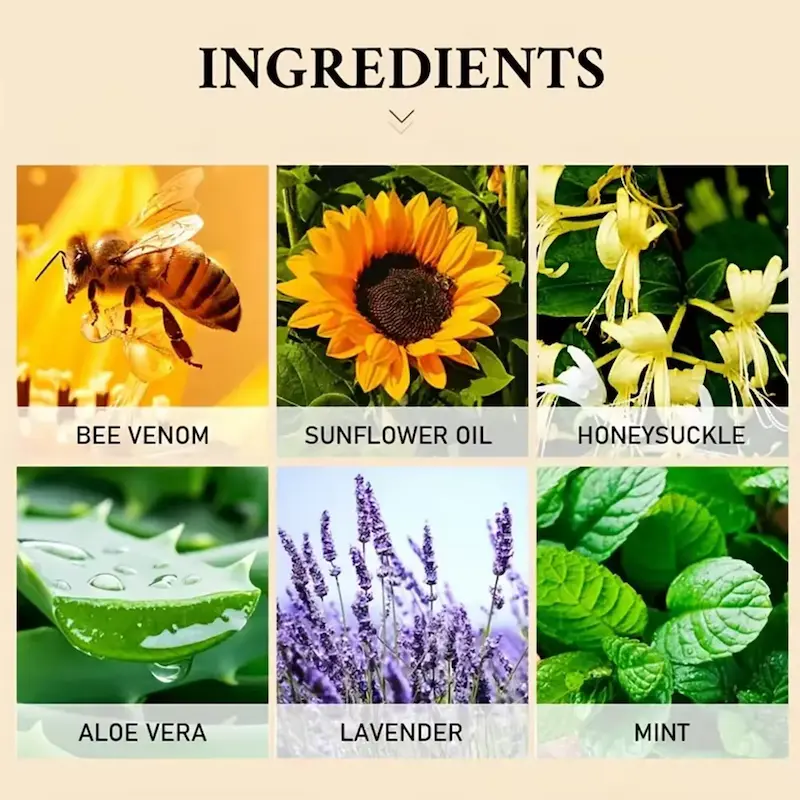 Natural ingredients including sunflower oil aloe vera and bee venom