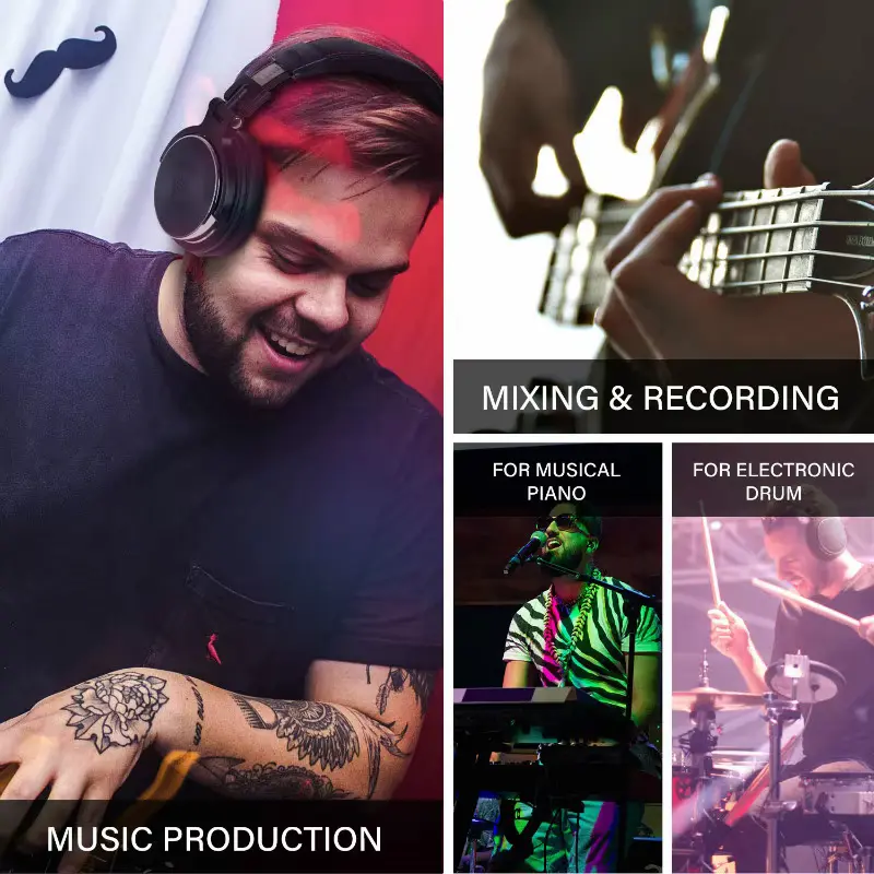 Collage of scenarios showing a user using these headphones for DJing, mixing, recording, and musical instruments.