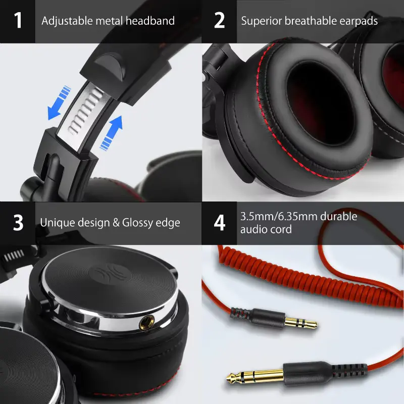 Close-up views highlighting the adjustable headband, earpads, textured design, and dual audio cords.
