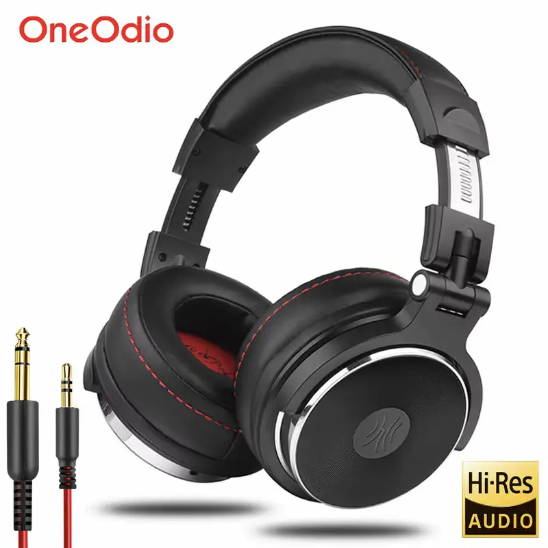 OneOdio Pro 10 Review unit showing black over-ear studio headphones with dual audio jacks.