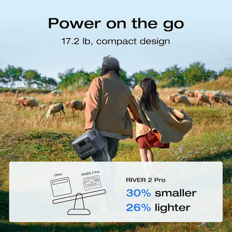 A family walking through a field carrying the lightweight EcoFlow River Portable Power unit.