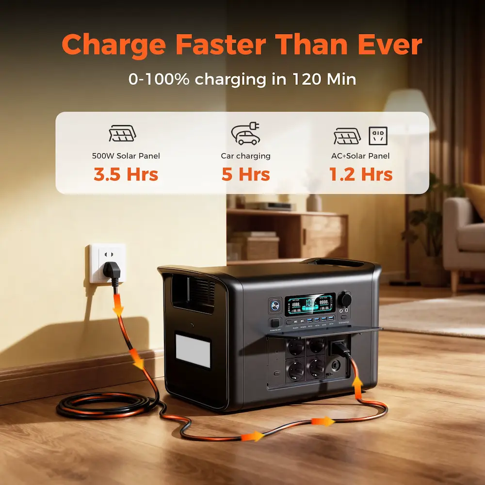 Best Portable Power Station charging from a wall outlet showing 120-minute full charge capability.