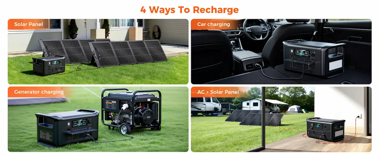 Best Portable Power Station showing four recharging methods including solar panels, car, and generator.