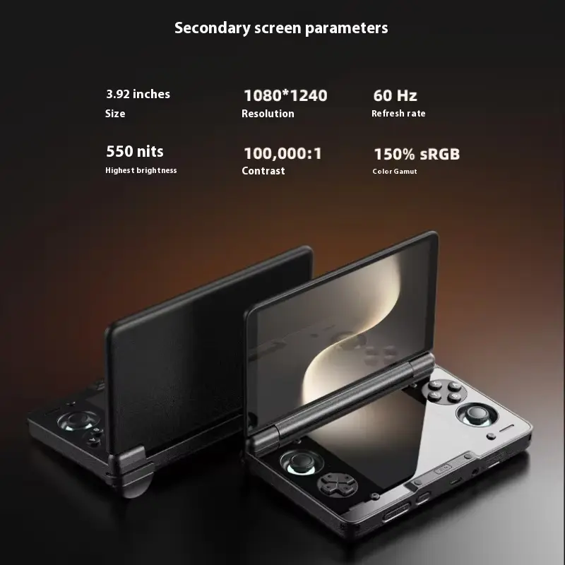 Specifications chart for 3.92 inch OLED second screen showing resolution and brightness levels.