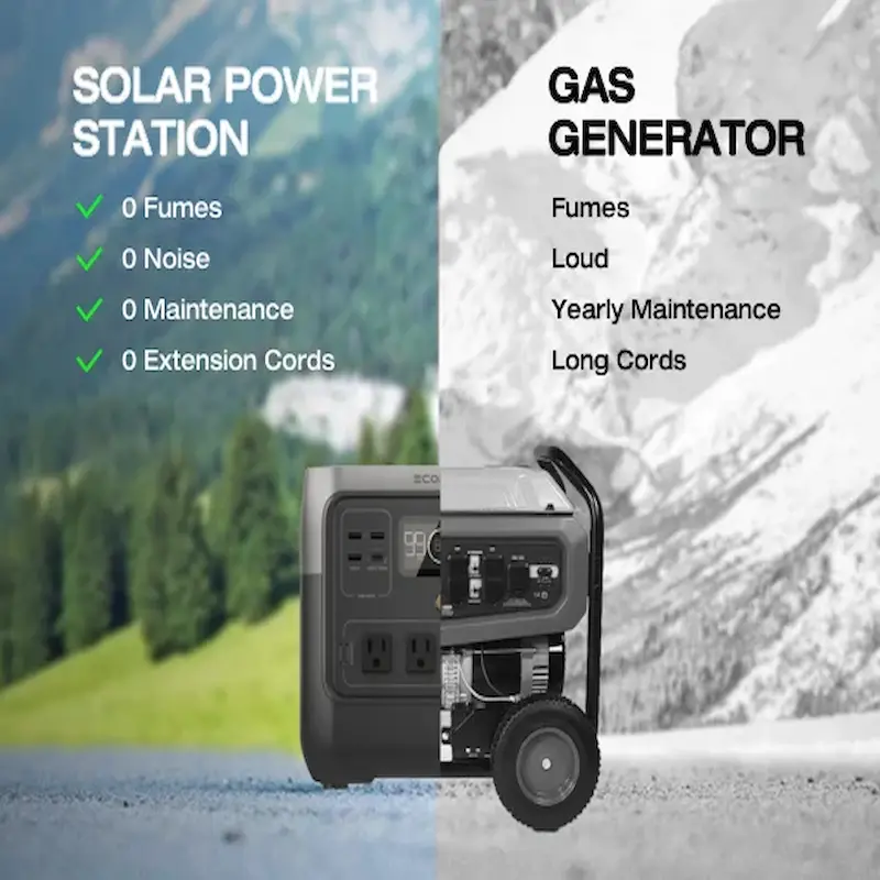 Comparison between a clean solar power station and a loud, high-maintenance gas generator.