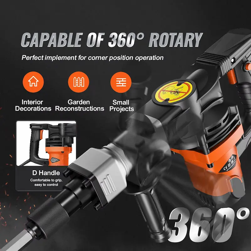 A detailed SucceBuy 1400W Demolition Jack Hammer Review highlighting the 360 degree adjustable D-handle.