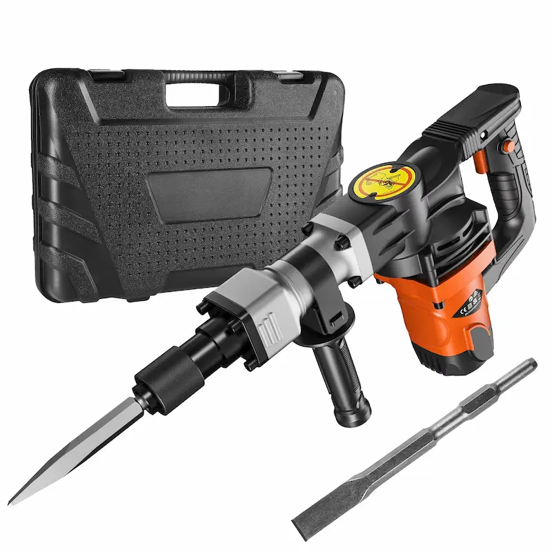 SucceBuy 1400W Demolition Jack Hammer Review showing the complete heavy-duty concrete breaker kit.