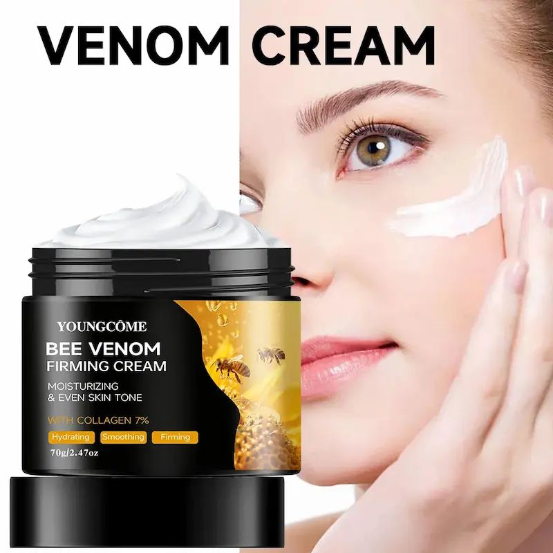 Youngcome Bee Venom Cream jar with honey bees background
