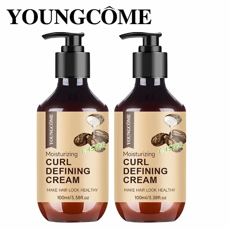 Two 100ml pump bottles of Youngcome curl defining cream on a white background