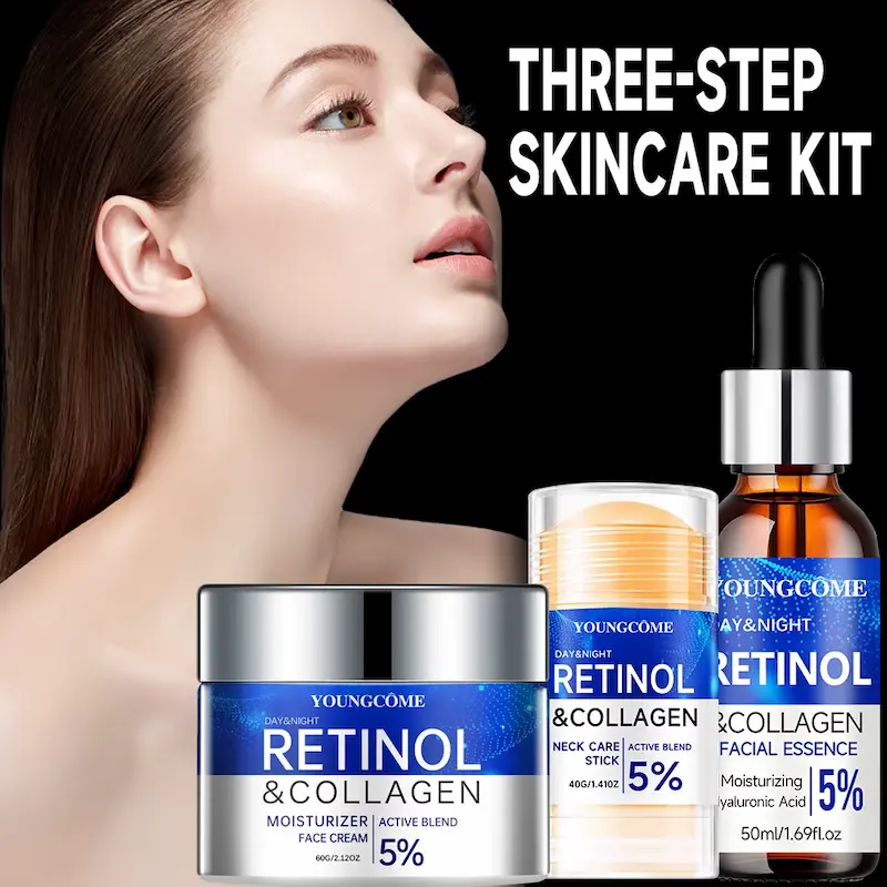 Youngcome Three Step Retinol Skincare Kit Review featuring face cream essence and neck stick.