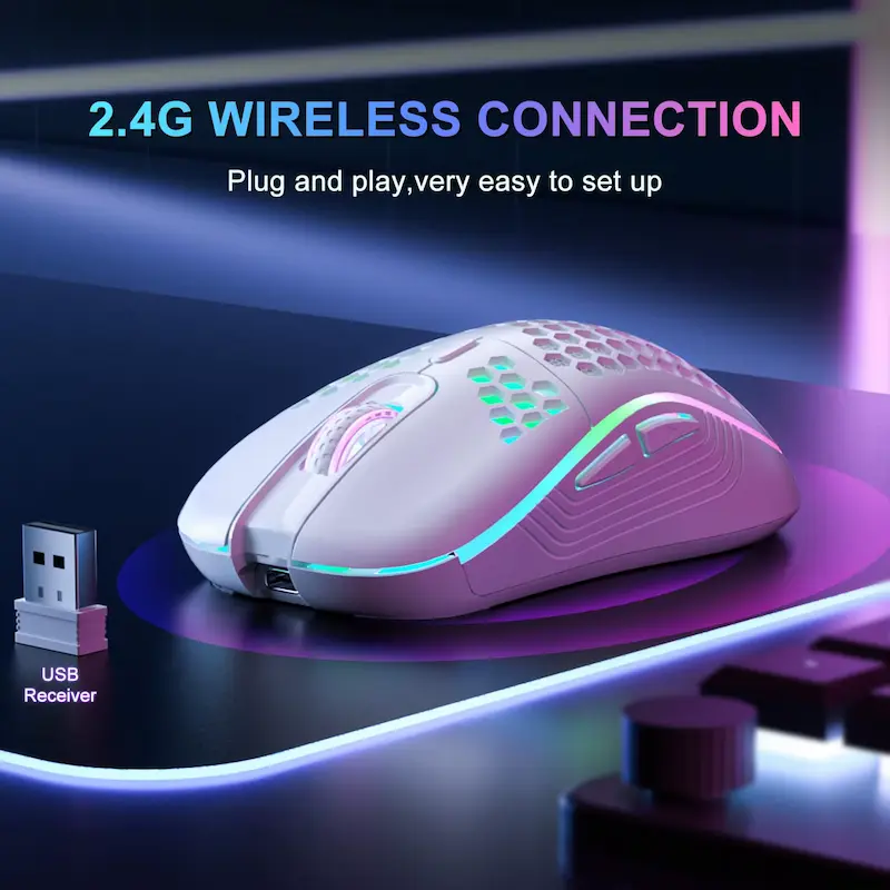 Side view of a 2.4G wireless mouse with active RGB lighting on a mouse pad.