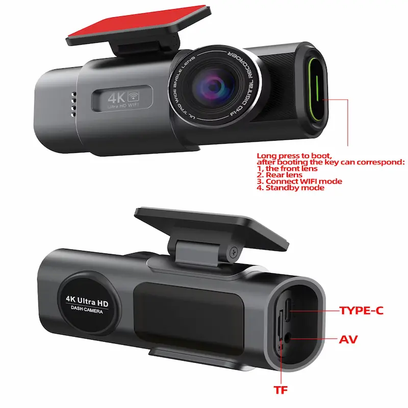 Hardware ports including Type-C, AV input, and micro SD slot on the dash cam body.