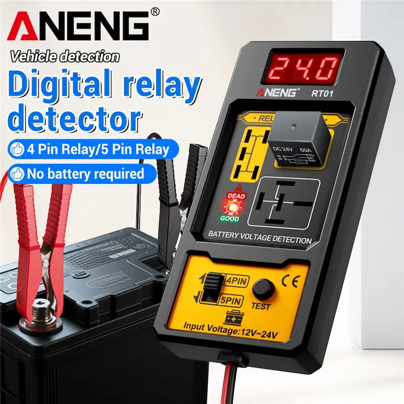 ANENG RT01 Relay Detector connected to a 24V car battery testing a 4-pin relay.