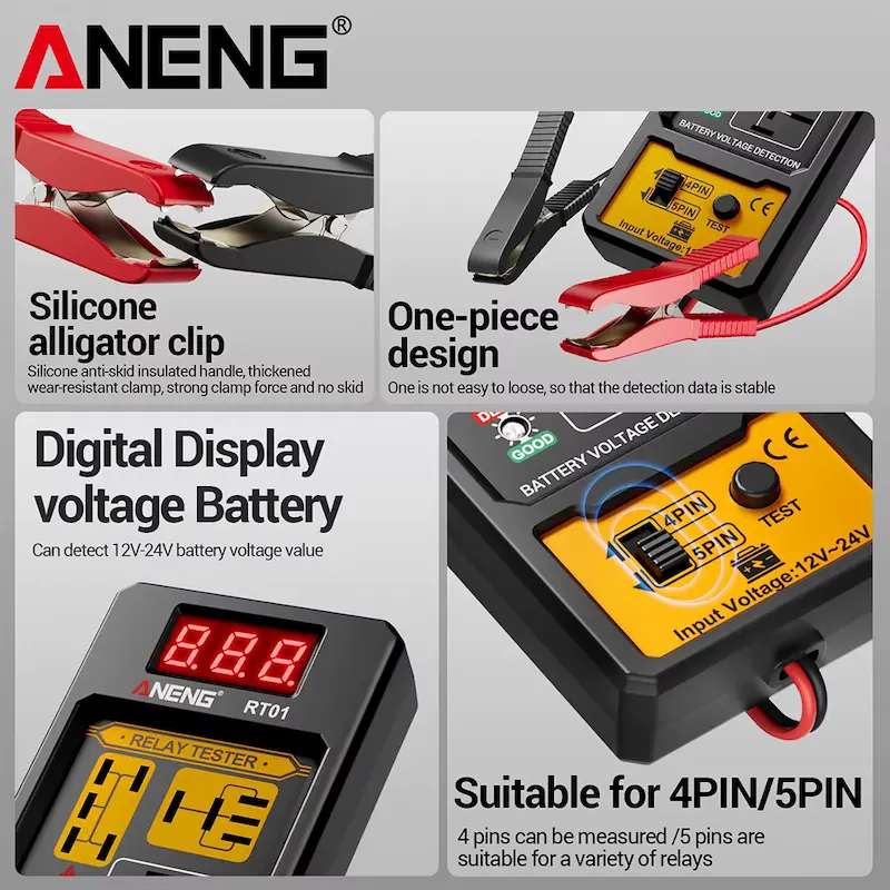 Key features of the relay tester including silicone alligator clips, digital display, and 4-pin/5-pin selection switch.
