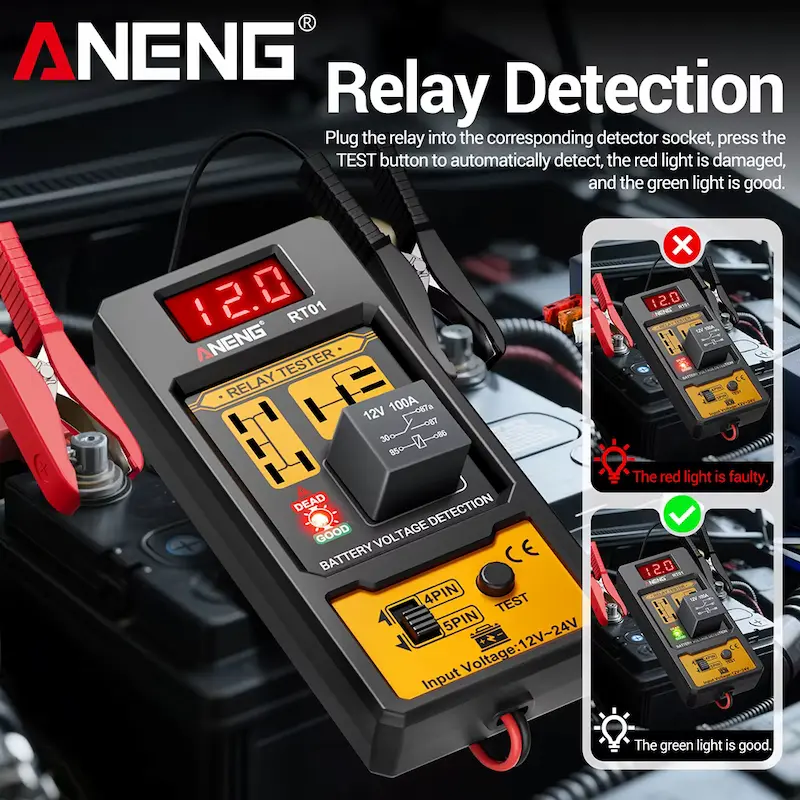 Testing a car relay using the ANENG RT01 Relay Detector showing green for good and red for faulty relays.