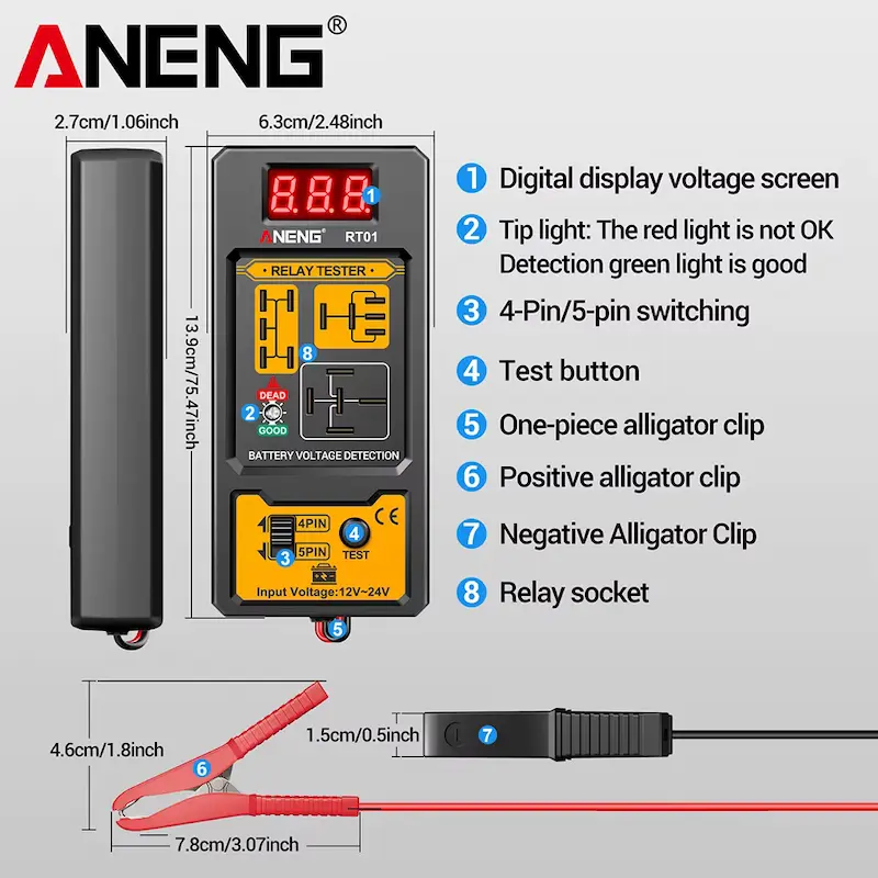 Dimensions and labeled component diagram of the ANENG digital relay voltage tester device.