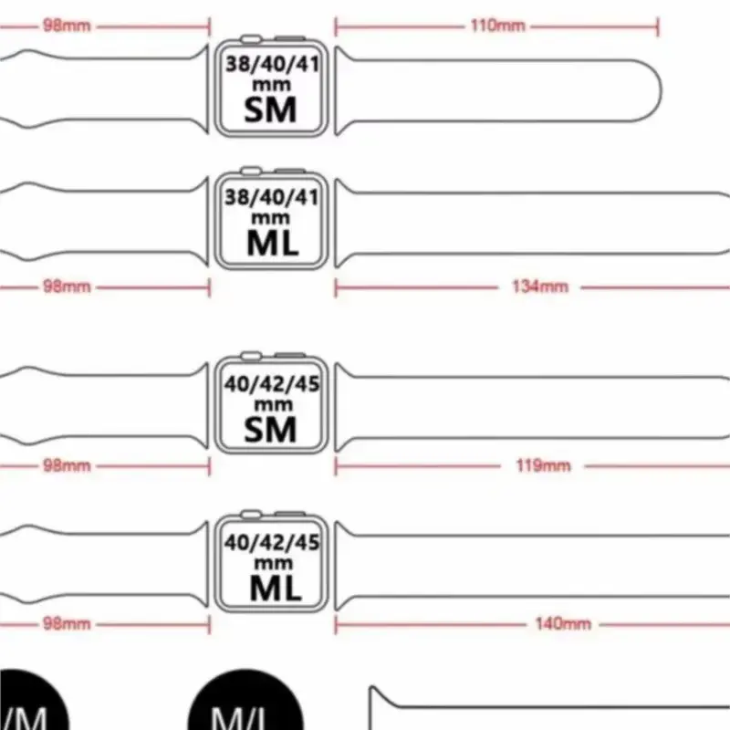 Size chart diagram explaining the dimensions for SM and ML watch straps.
