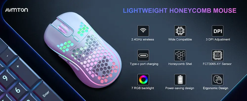 Avmton wireless gaming mouse review listed alongside its key technical specifications and features.