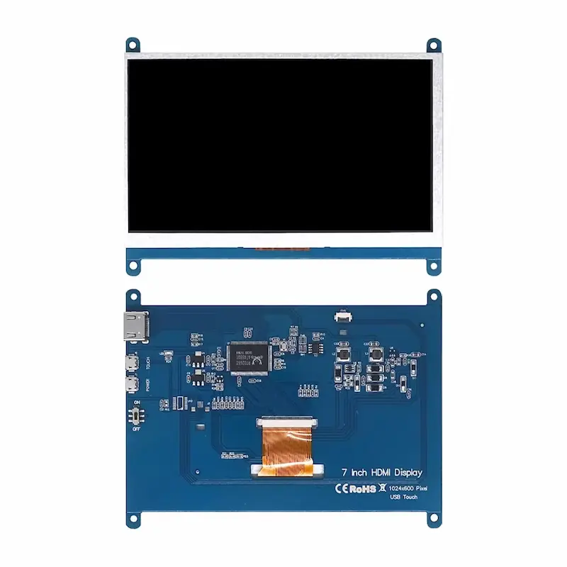 Dual perspective of the hardware layout showing a blank front screen module alongside its detailed blue main board component.