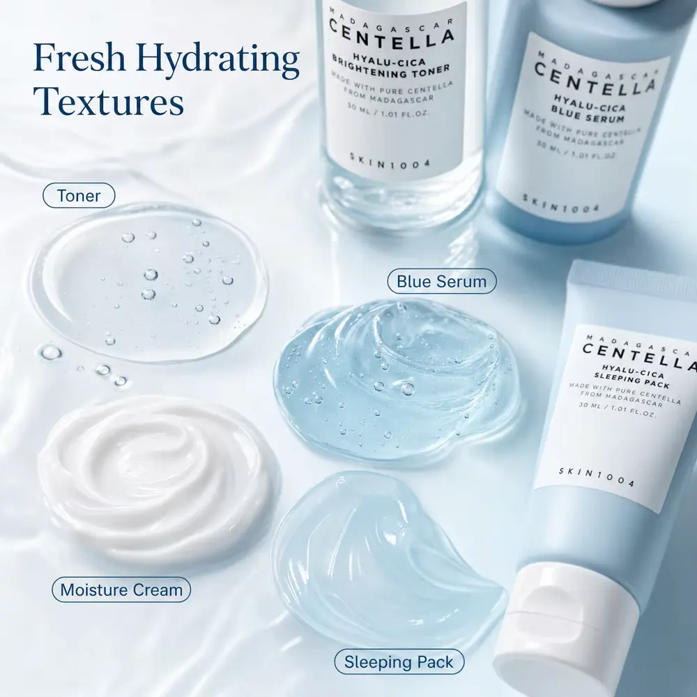 Close-up of lightweight serum and moisture cream swatches.
