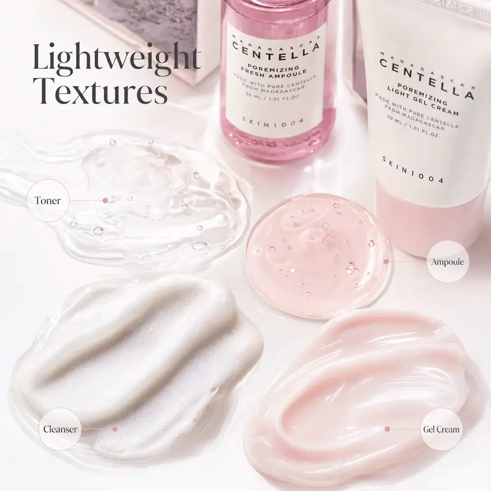 Texture swatches of cleanser, clear toner, fresh ampoule, and light gel cream.