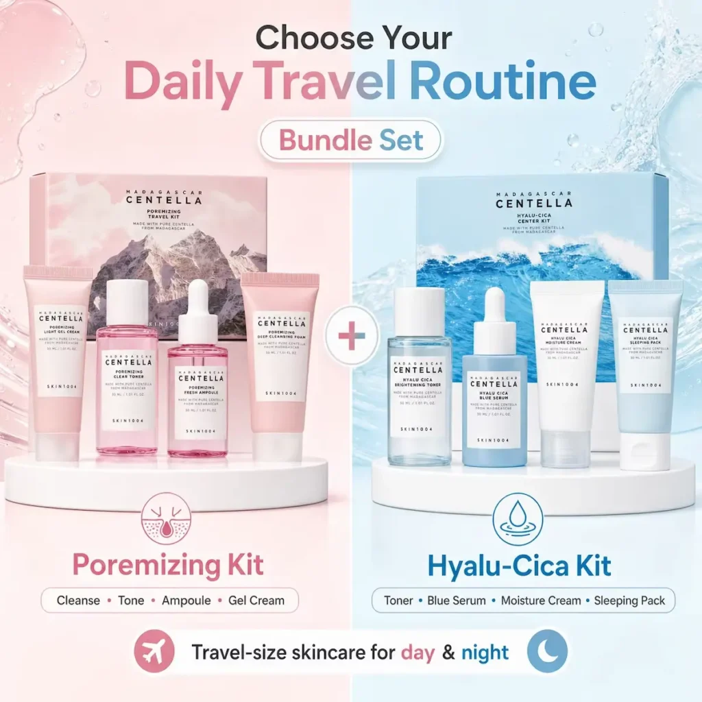 Daily travel skincare routine bundle with day and night Centella products.