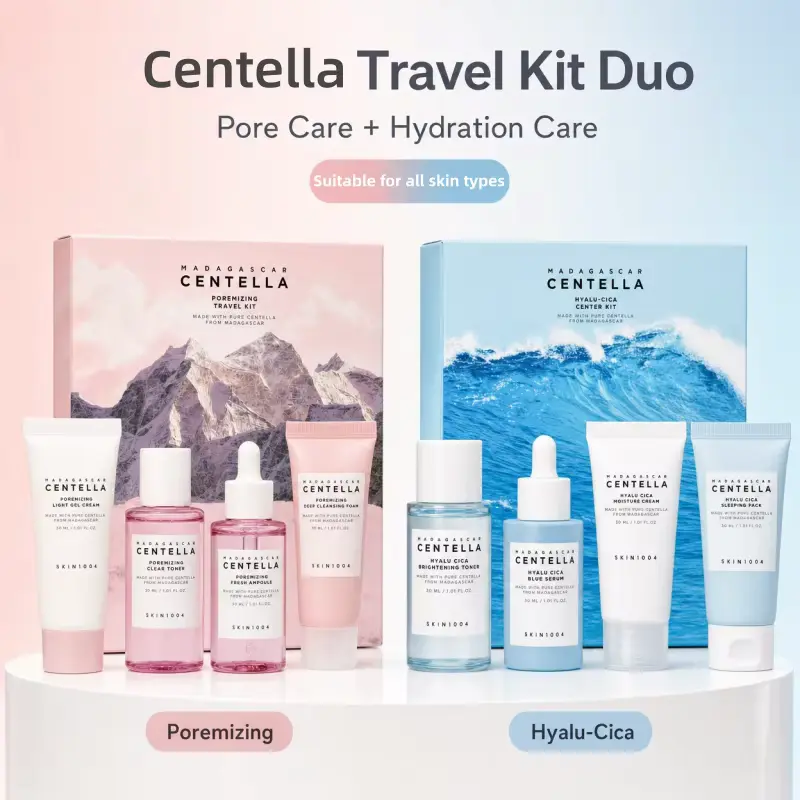 Centella Travel Kit Review showing Poremizing and Hyalu-Cica skincare sets.