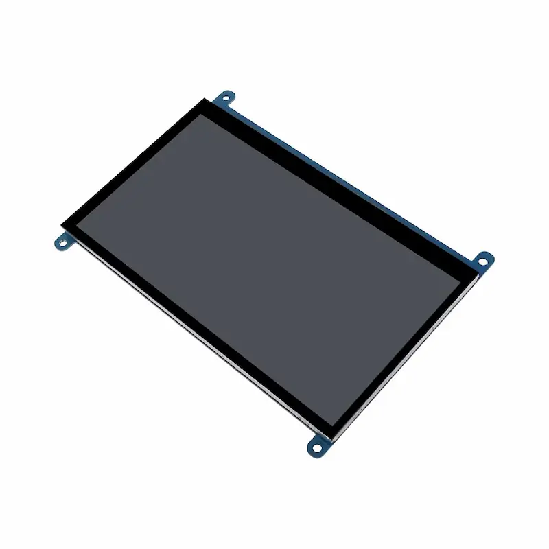An angled perspective of the blank 5-point capacitive glass panel evaluating the overall build quality for a 7 Inch Monitor Review.