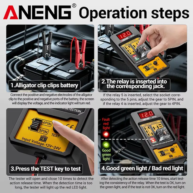 Step-by-step guide on how to operate the ANENG RT01 Relay Detector on a vehicle battery.