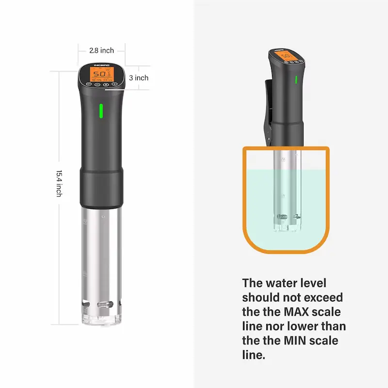 INKBIRD ISV-200W product dimensions and minimum to maximum water level indicator lines.