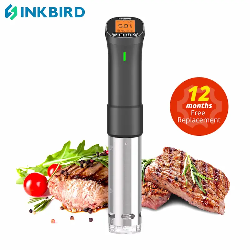 INKBIRD ISV-200W Wi-Fi precision cooker displayed with 12-month free replacement badge.