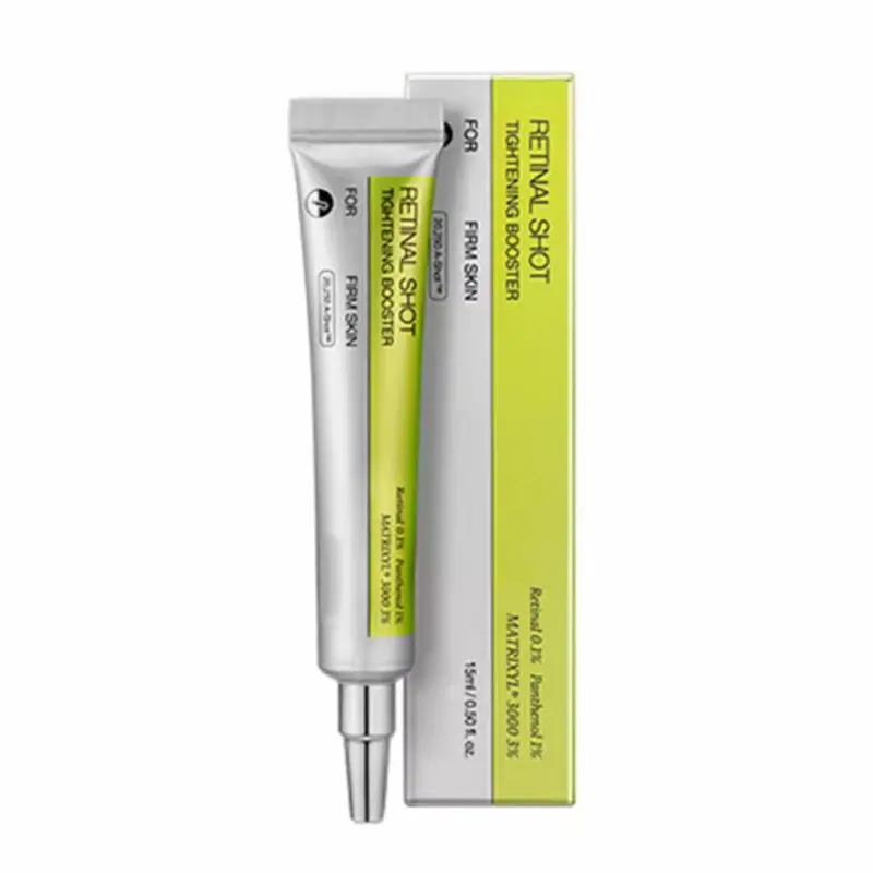 A Korean Retinol Eye Cream featuring the Retinal Shot Tightening Booster tube alongside its lime green packaging box.