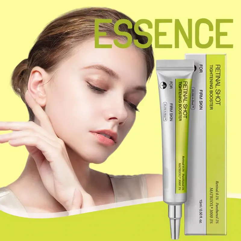 A young woman gently touching her clear face next to the Korean Retinal Shot skin essence moisturizer.