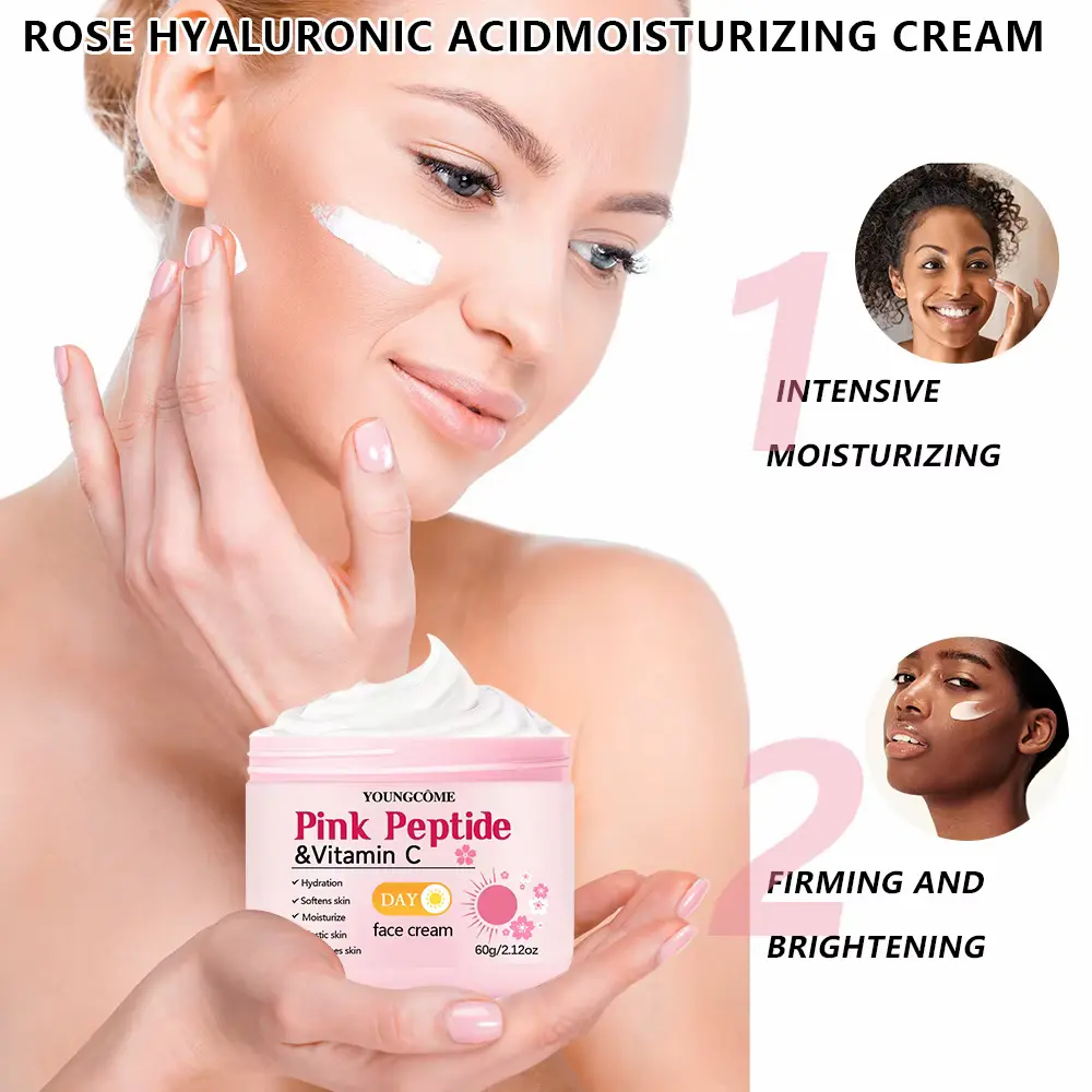 Woman applying white moisturizing cream to cheek alongside Pink Peptide day cream jar.