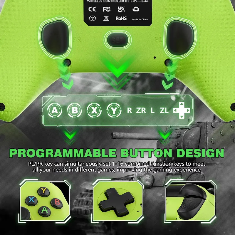 programmable back buttons PL PR key design on neon green gaming console joystick.
