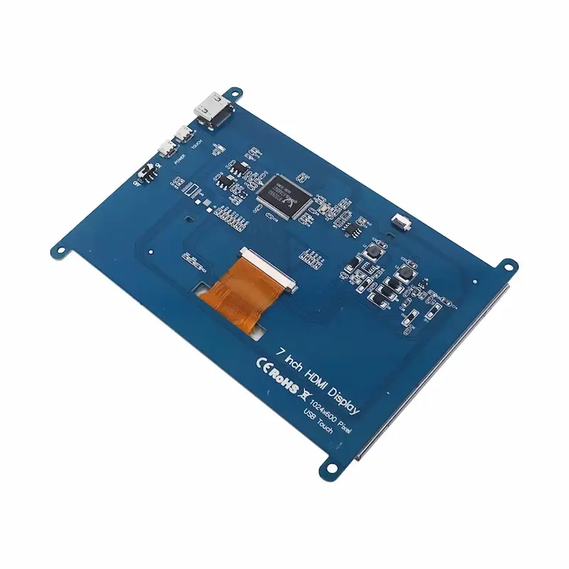 The rear blue printed circuit board of the small HDMI display showing the driver chips and port layouts.