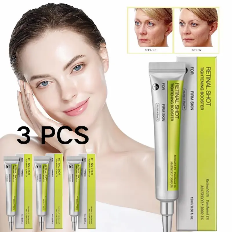 Before and after anti-aging results on wrinkles in an independent Korean Retinol Eye Cream pack of 3 tubes.