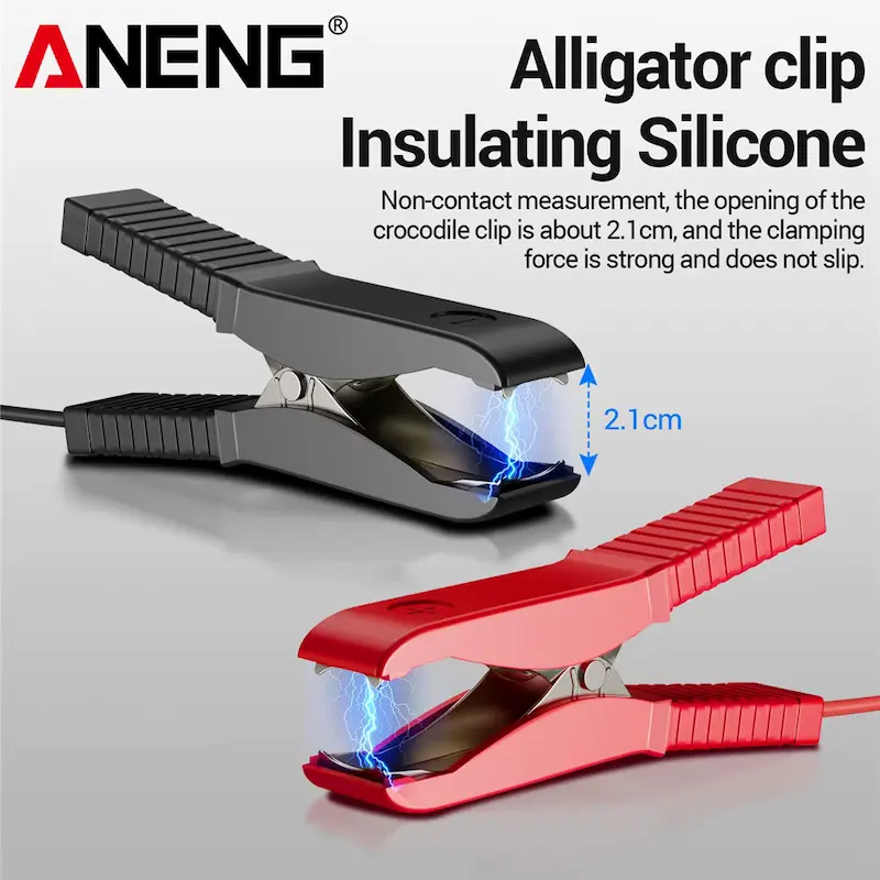 Red and black silicone insulated alligator clips with 2.1cm jaw opening for battery terminal connection.