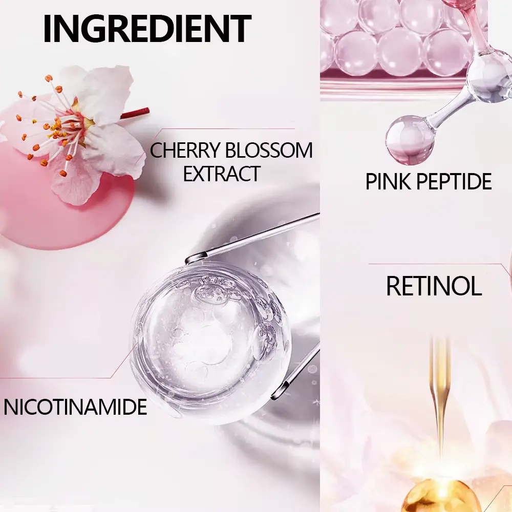 Ingredient breakdown graphic showing cherry blossom extract, nicotinamide, pink peptide, and retinol.