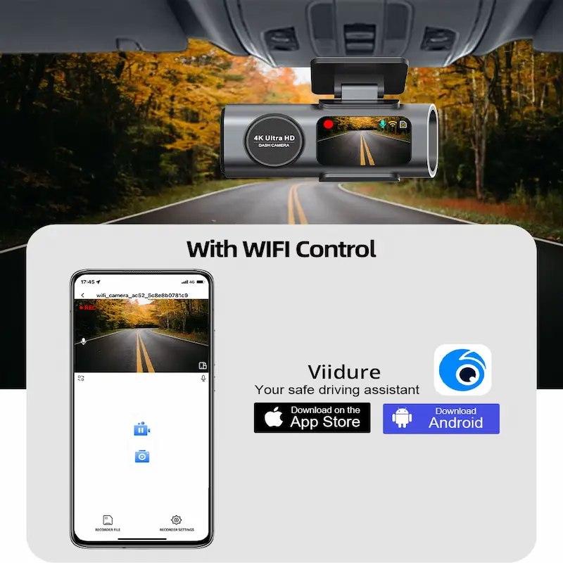 Smartphone interface running Viidure app connected via Wi-Fi to hidden dash camera.