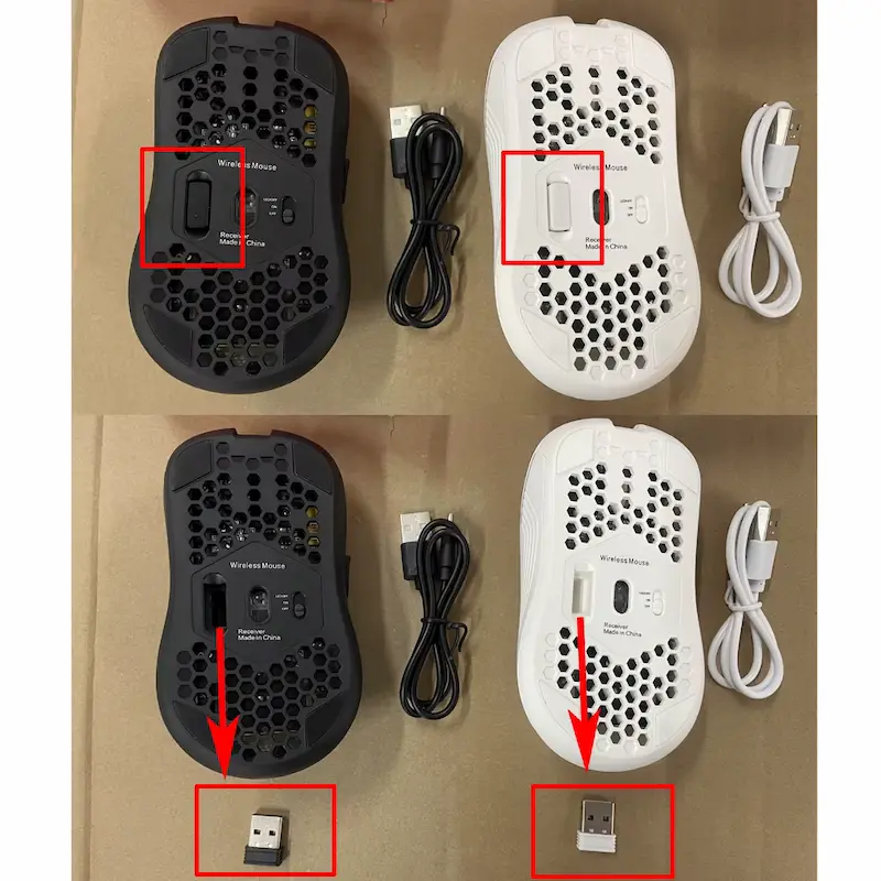 Black and white wireless honeycomb mice showing the USB receiver storage slot at the bottom.