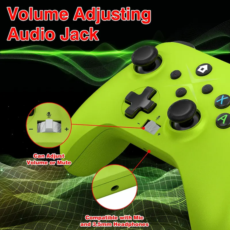 bottom view of xbox style joystick featuring 3.5mm headphone audio jack and volume slider.